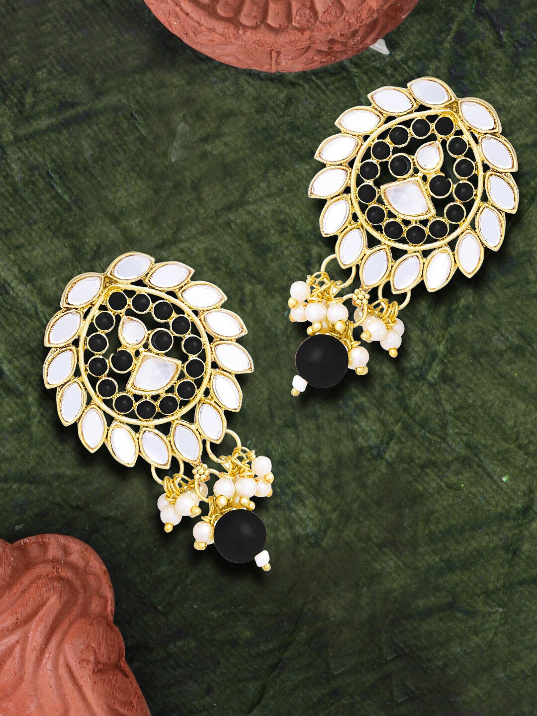 

LIVE EVIL Black & Gold Plated Kundan Handcrafted Contemporary Drop Earrings