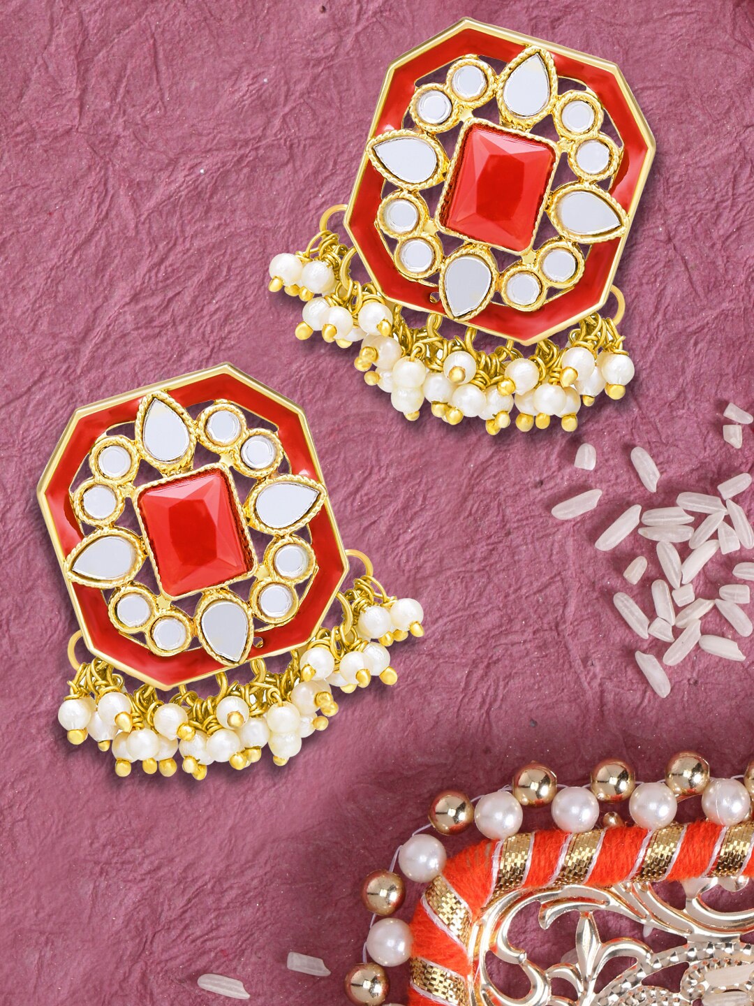 

LIVE EVIL Red & White Gold Plated Contemporary Drop Earrings