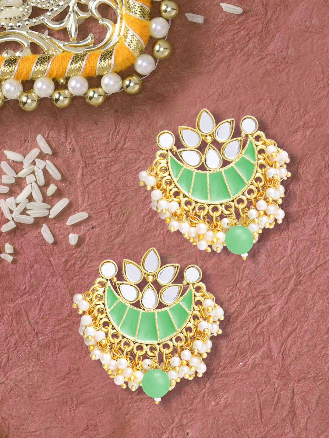 

LIVE EVIL Green Gold Plated Kundan and Pearl Contemporary Chandbalis Earrings