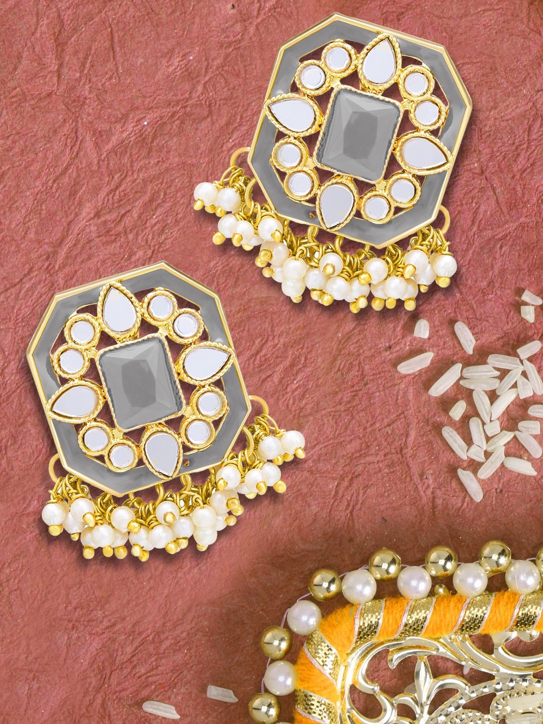 

LIVE EVIL Grey & Gold Plated Enamelled Kundan Contemporary Studs Earrings