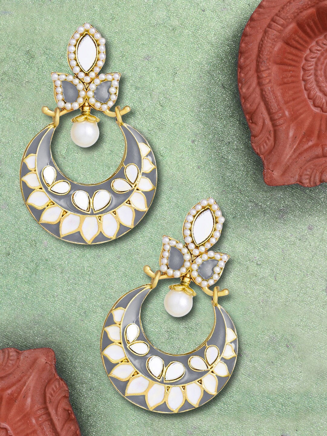 

LIVE EVIL Grey Gold Plated Kundan and Pearl Contemporary Chandbalis Earrings
