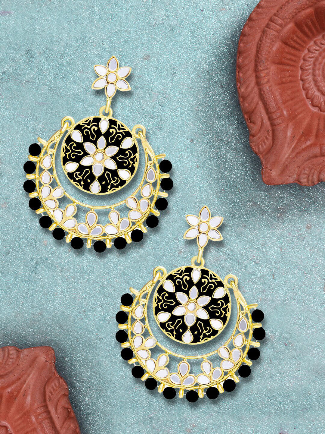 

LIVE EVIL Black Circular Kundan and Pearl Drop Earrings