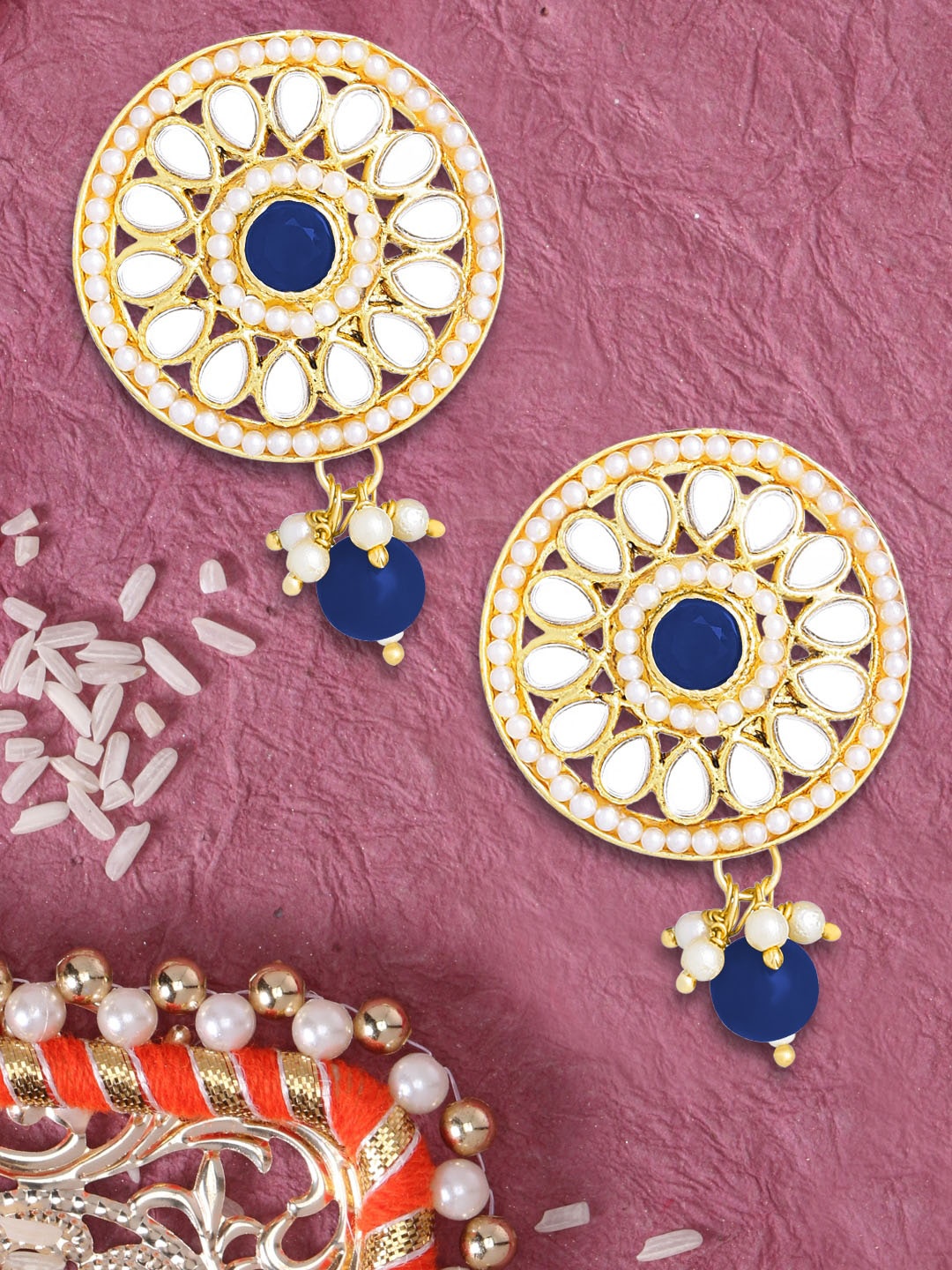 

LIVE EVIL Navy Blue & Gold-Toned Kundan & Pearl Contemporary Studs Earrings