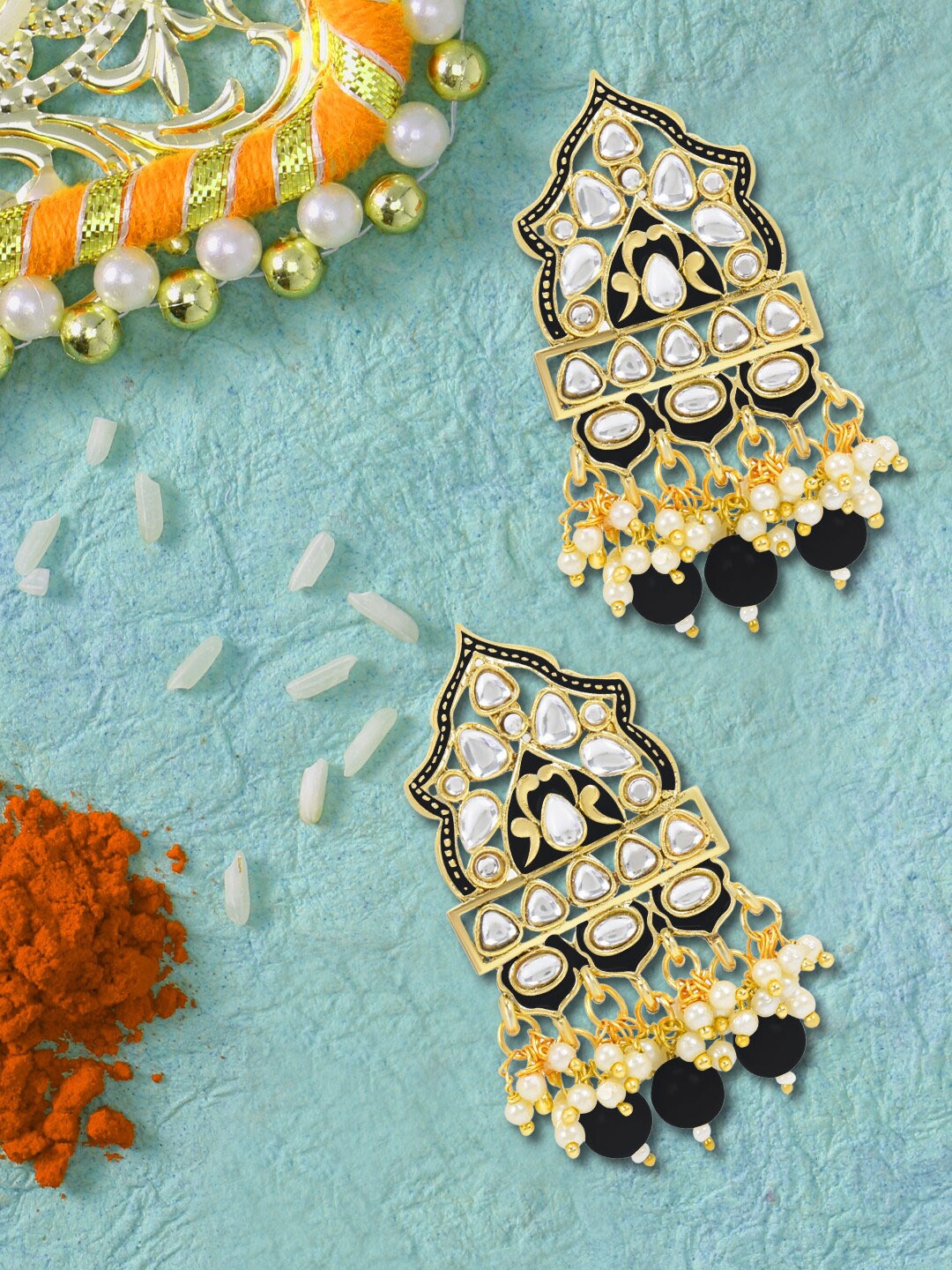 

LIVE EVIL Black Gold Plated Kundan and Pearl Contemporary Studs Earrings