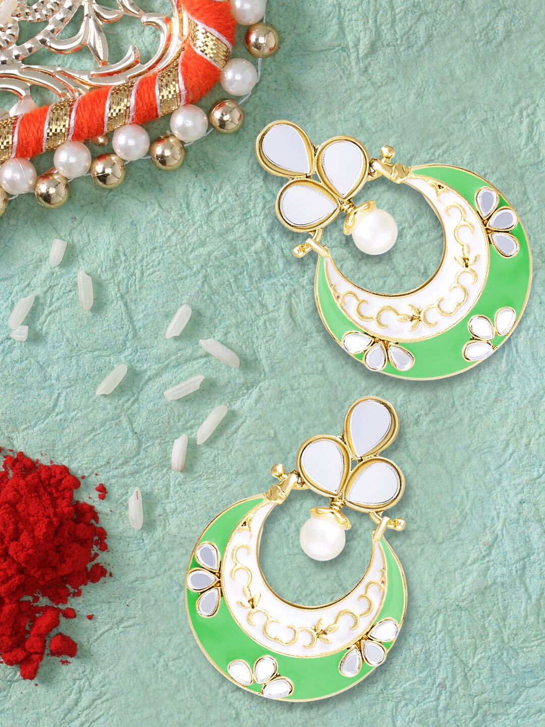 

LIVE EVIL Green Circular Kundan and Pearl Chandbalis Earrings