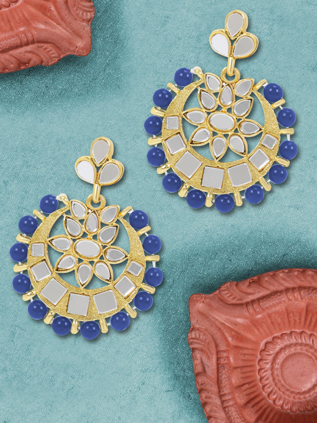 

LIVE EVIL Blue & Gold-Toned Kundan & Pearl Contemporary Chandbalis Earrings