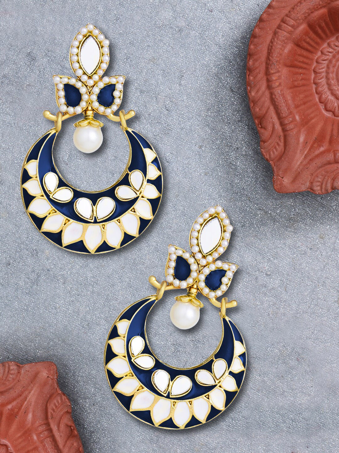 

LIVE EVIL Navy Blue & White Gold Plated Contemporary Chandbalis Earrings