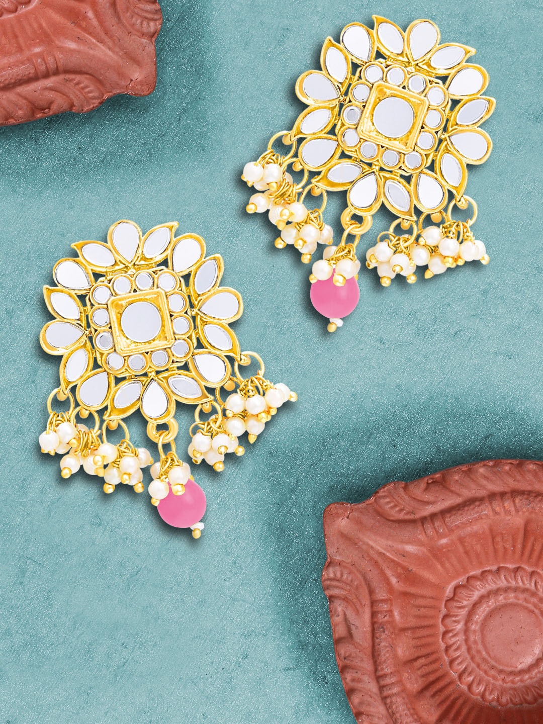 

LIVE EVIL Pink & Gold Plated Kundan Handcrafted Contemporary Drop Earrings