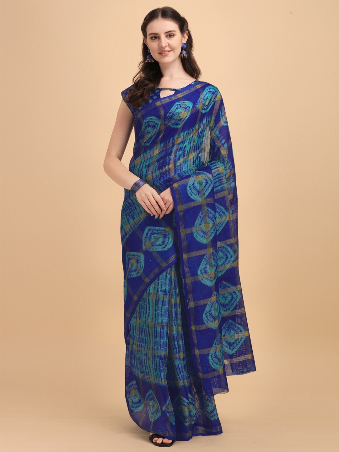 

KALINI Navy Blue & Gold-Toned Printed Kota Saree