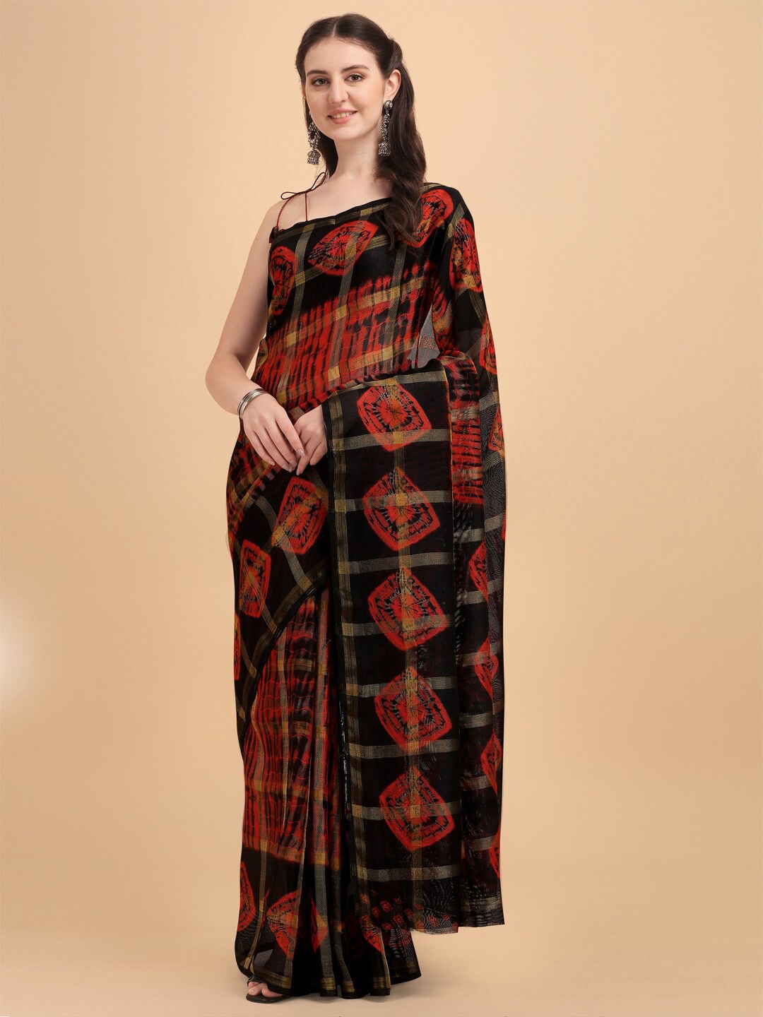 

KALINI Black & Red Shibori Printed Jaali Kota Saree