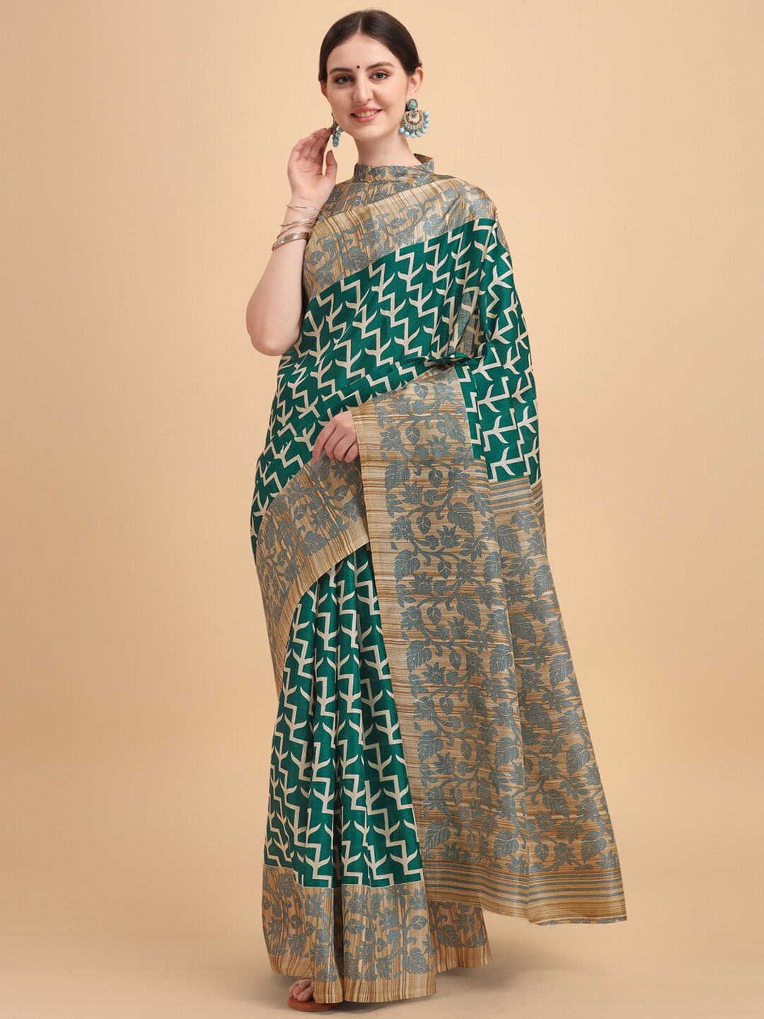 

KALINI Green & Beige Floral Silk Blend Saree
