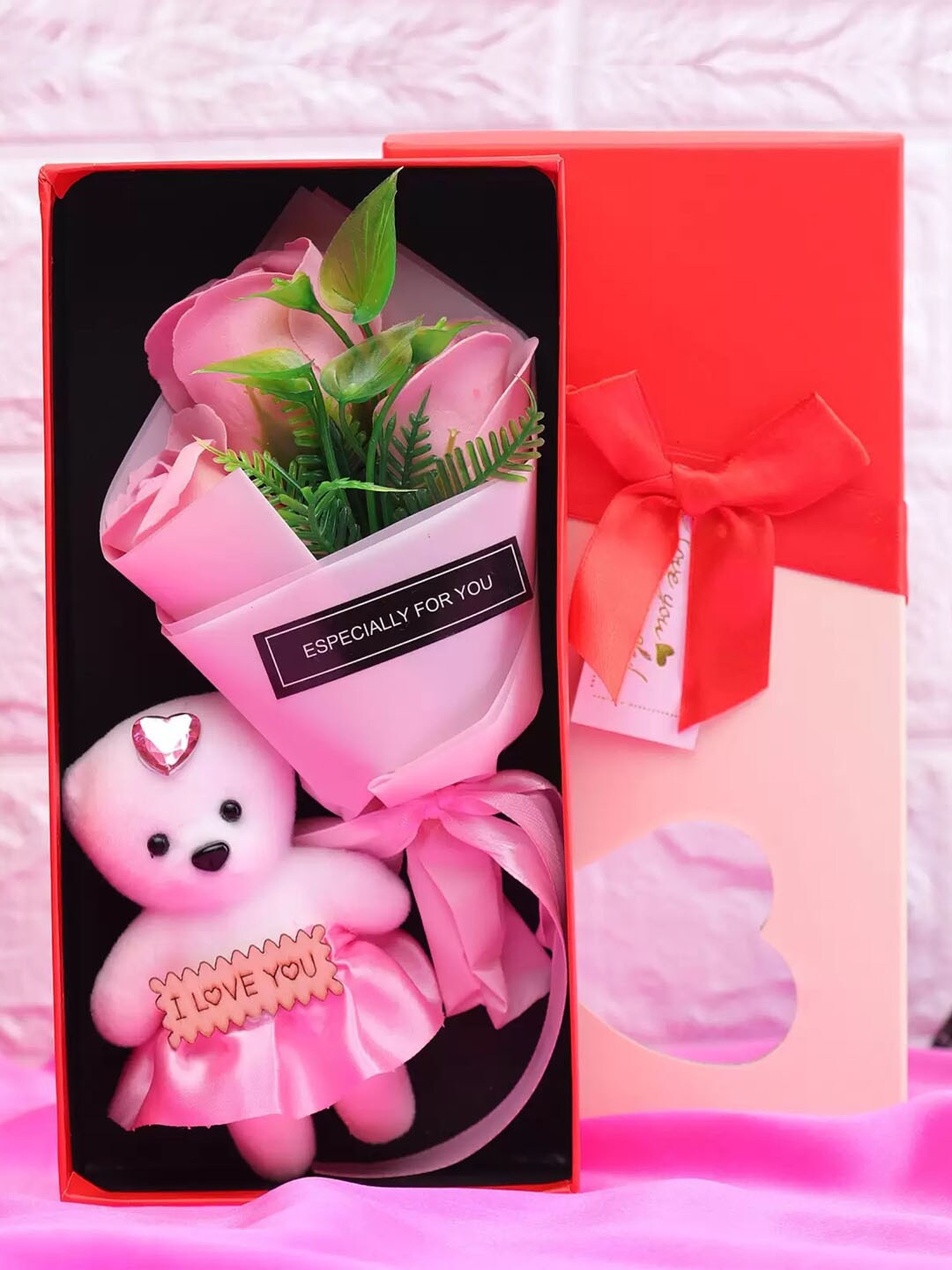 

TIED RIBBONS Artificial Rose Flower Bouquet With Mini Teddy, Pink