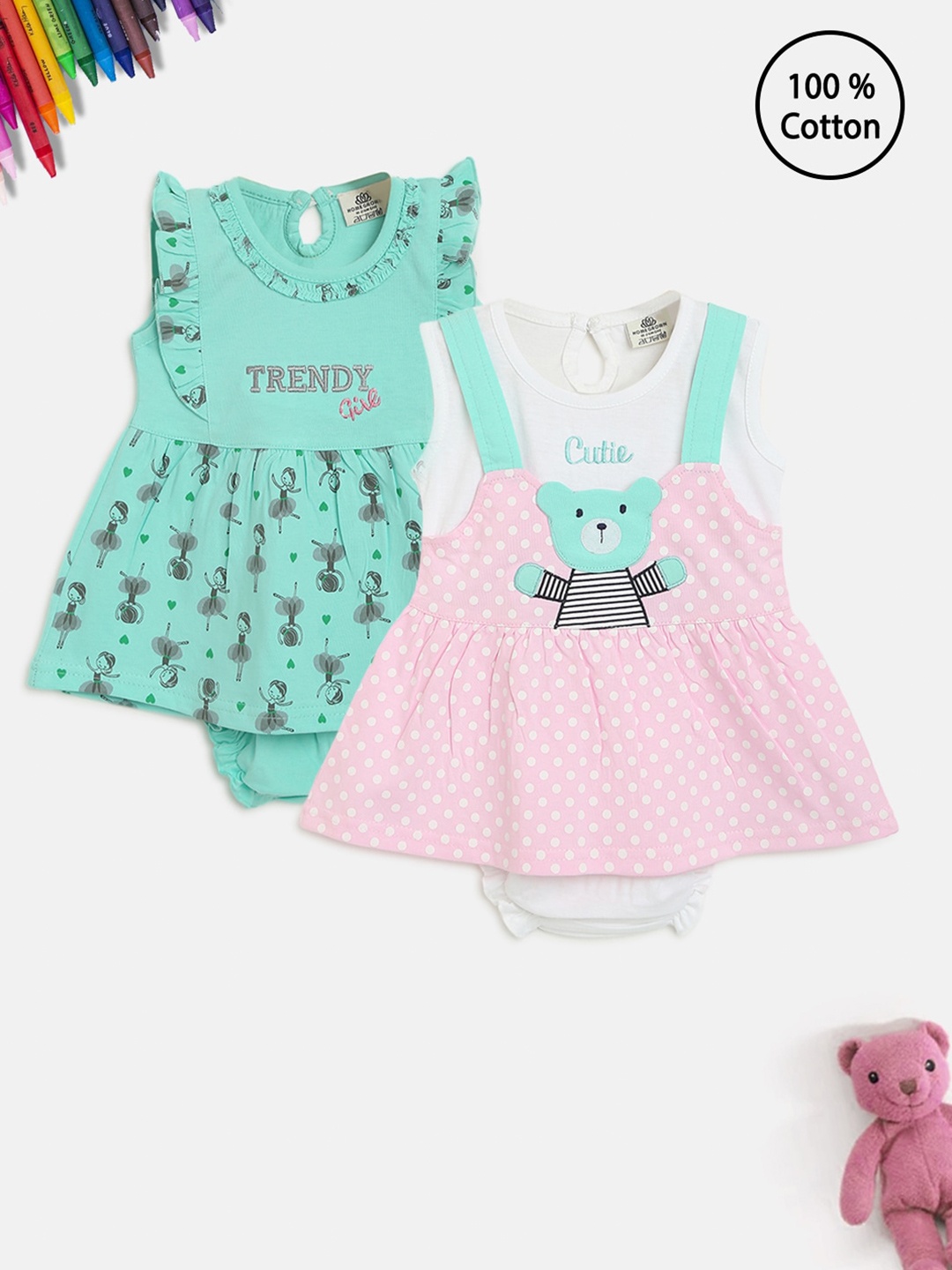 

HOMEGROWN Girls Green & Pink Applique A-Line Dress
