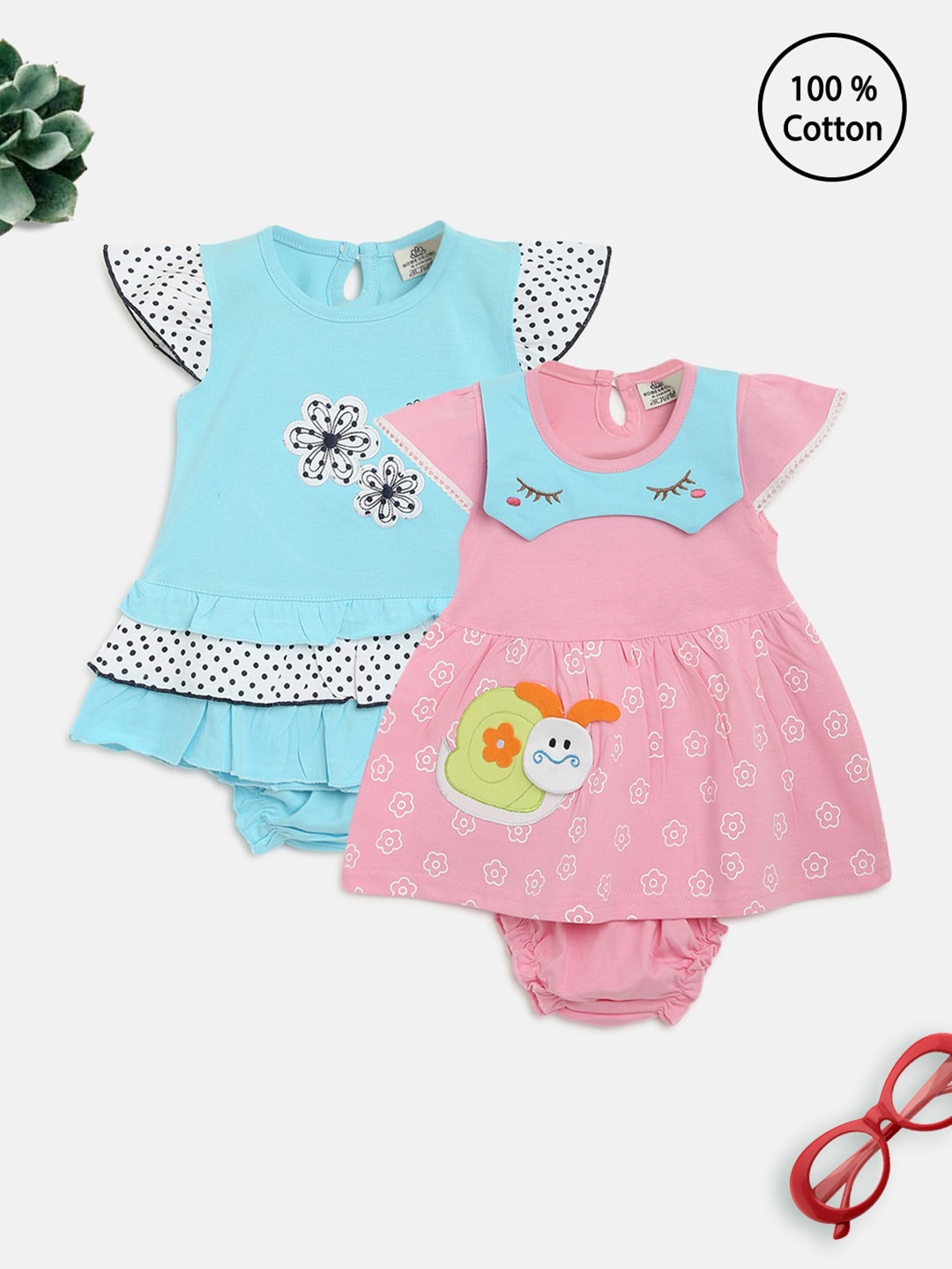 

HOMEGROWN Girls Blue & Pink Set Of 2 Applique A-Line Dress