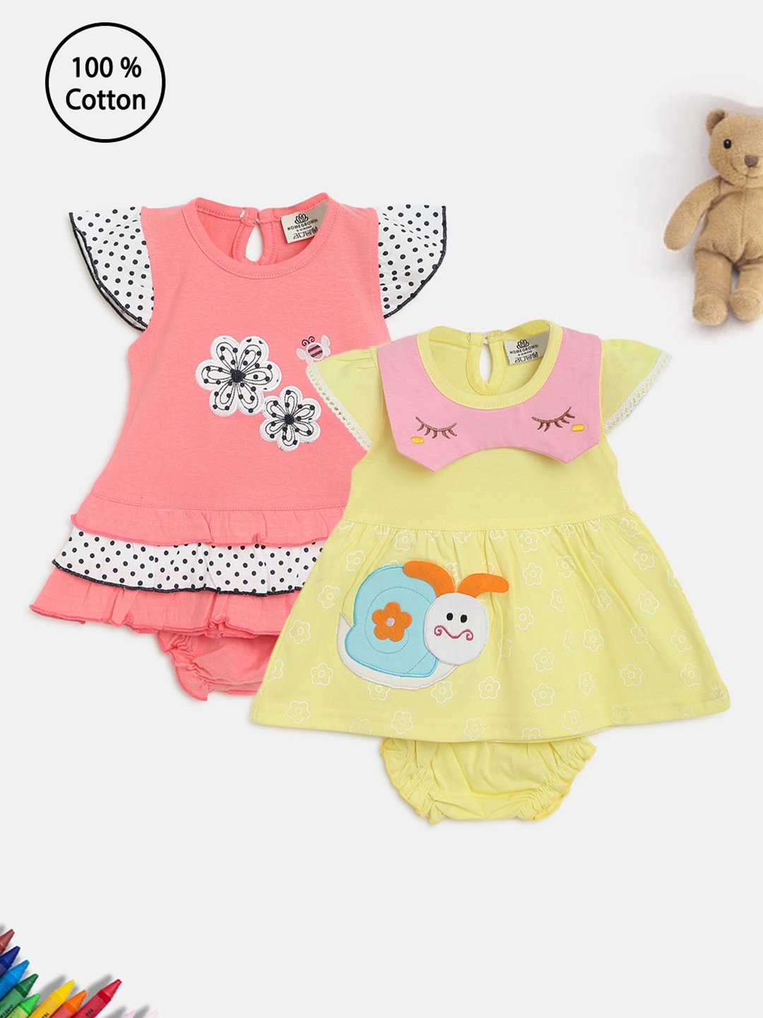

HOMEGROWN Pink & Yellow Floral Applique A-Line Dress