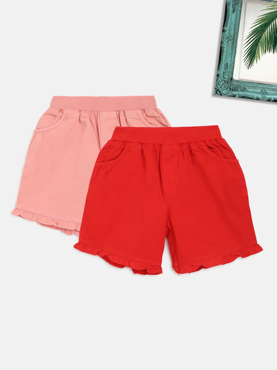 

HOMEGROWN Girls Cotton Red & Peach Outdoor Shorts