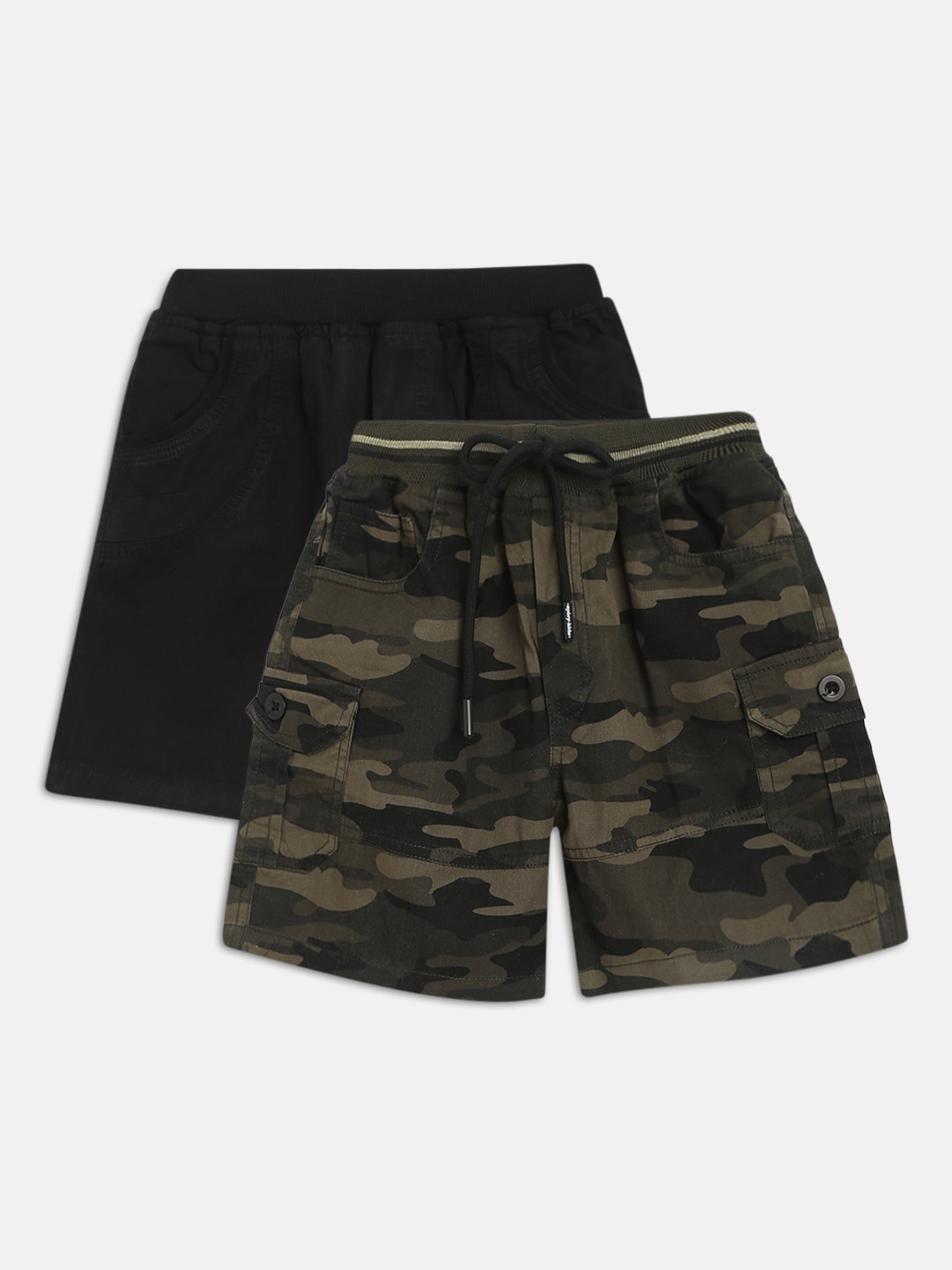 

HOMEGROWN Boys Pack of 2 Olive Green & Black Camouflage Printed Outdoor Shorts