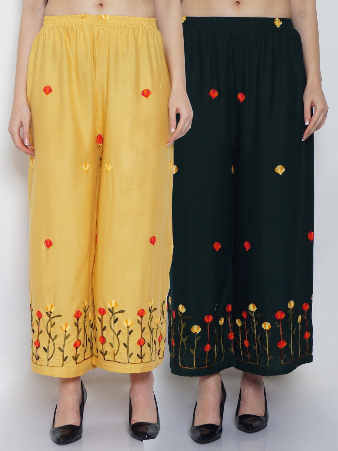 

GRACIT Women Beige & Black Set Of 2 Floral Embroidered Flared Fit Palazzo