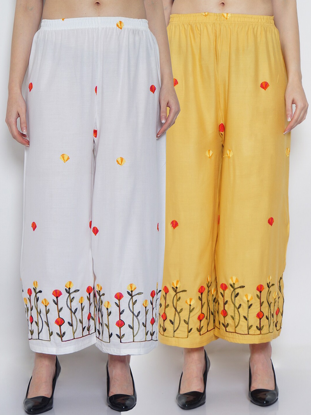 

GRACIT Women White & Yellow Pack Of 2 Embroidered Knitted Palazzos