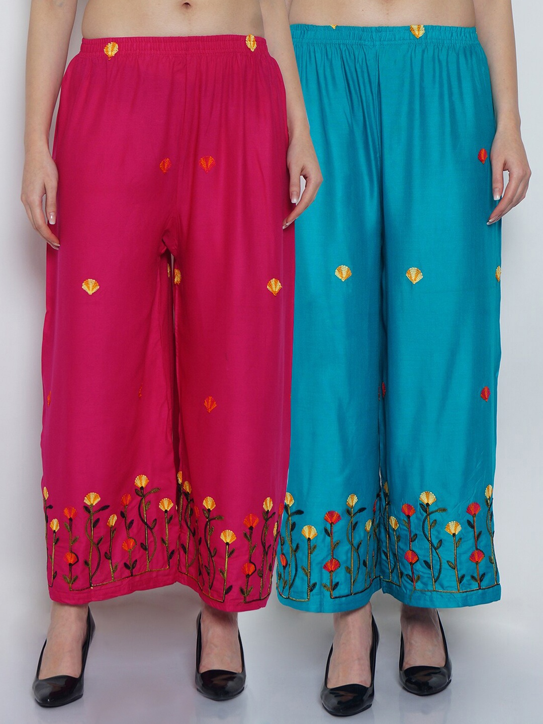 

GRACIT Women Pink & Blue Set of 2 Floral Embroidered Flared Knitted Ethnic Palazzos