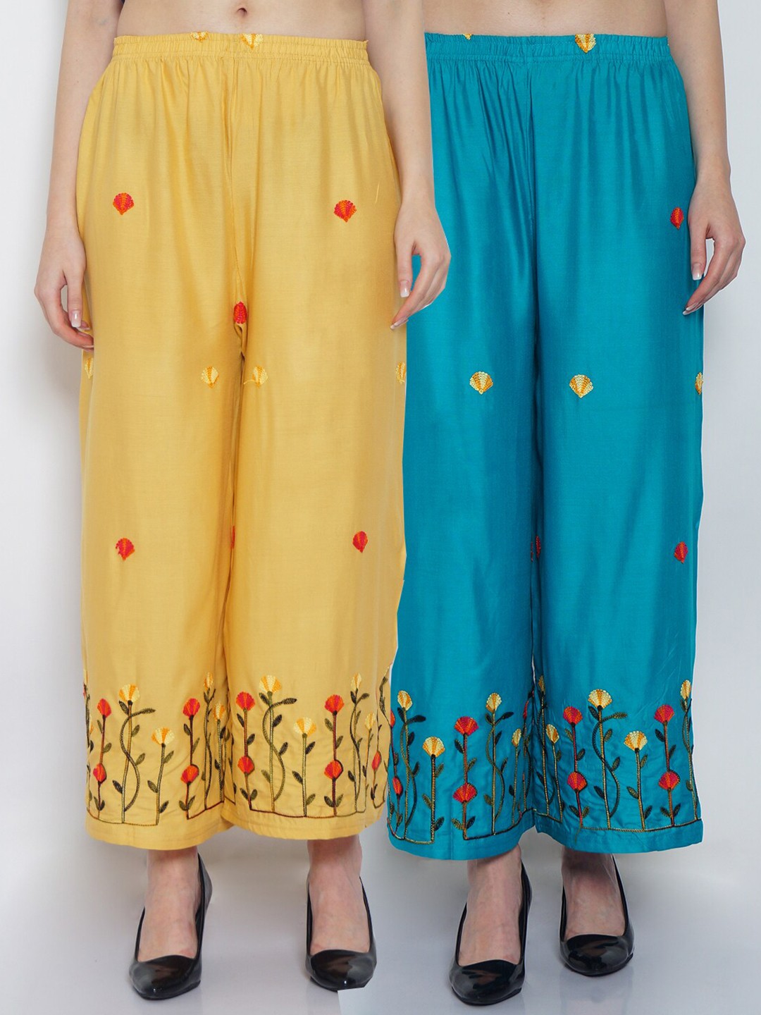 

GRACIT Women Yellow & Blue Set of 2 Floral Embroidered Palazzos