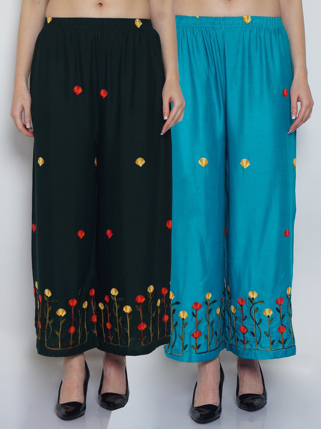 

GRACIT Women Green & Blue Set of 2 Embroidered Flared Knitted Ethnic Palazzos
