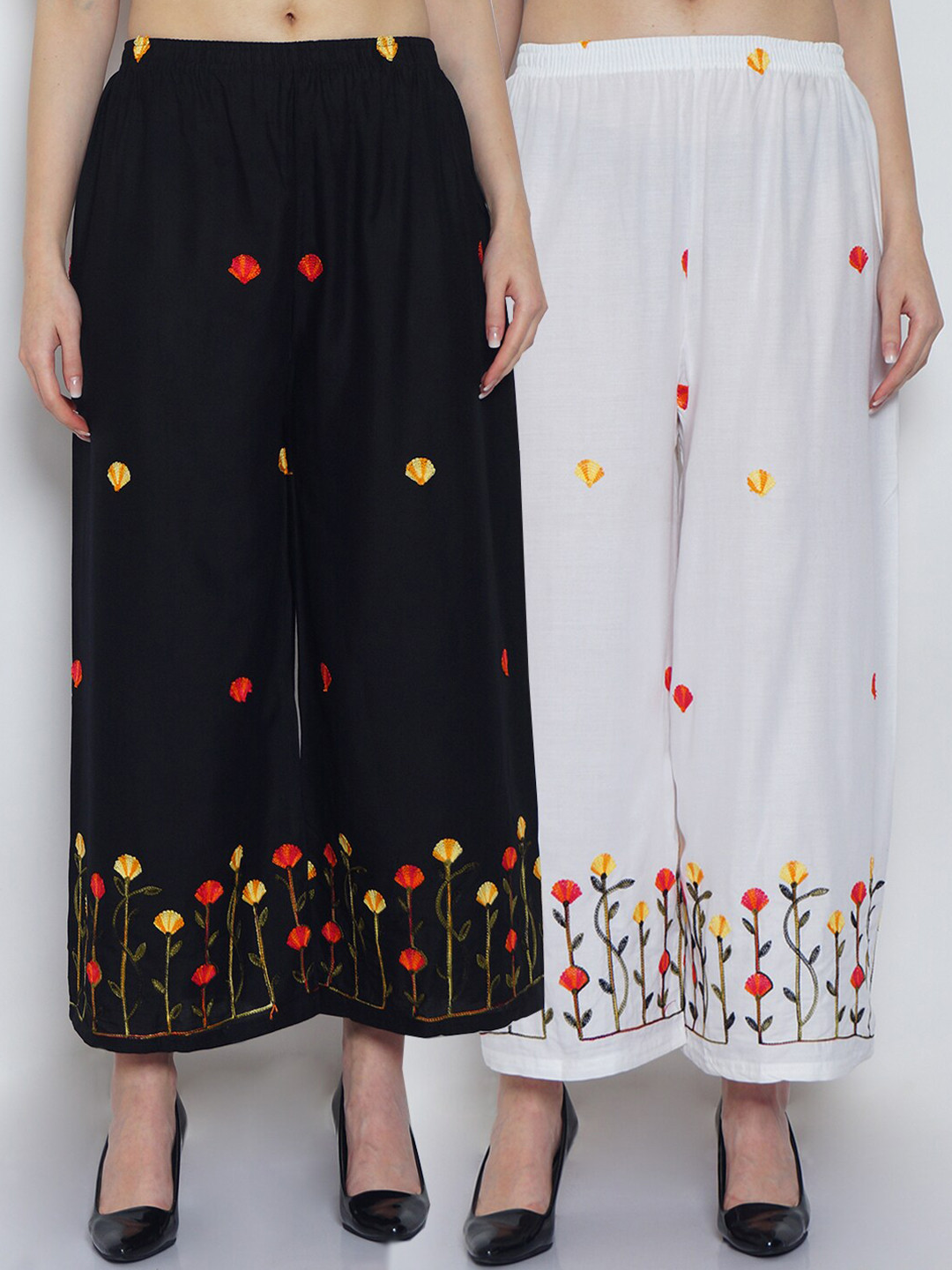 

GRACIT Women Black & White Floral Embroidered Palazzos Set Of 2