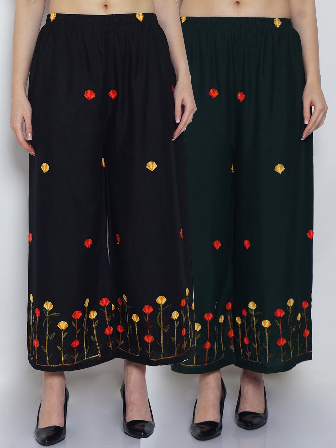 

GRACIT Women Black & Green Set Of 2 Floral Embroidered Flared Palazzos