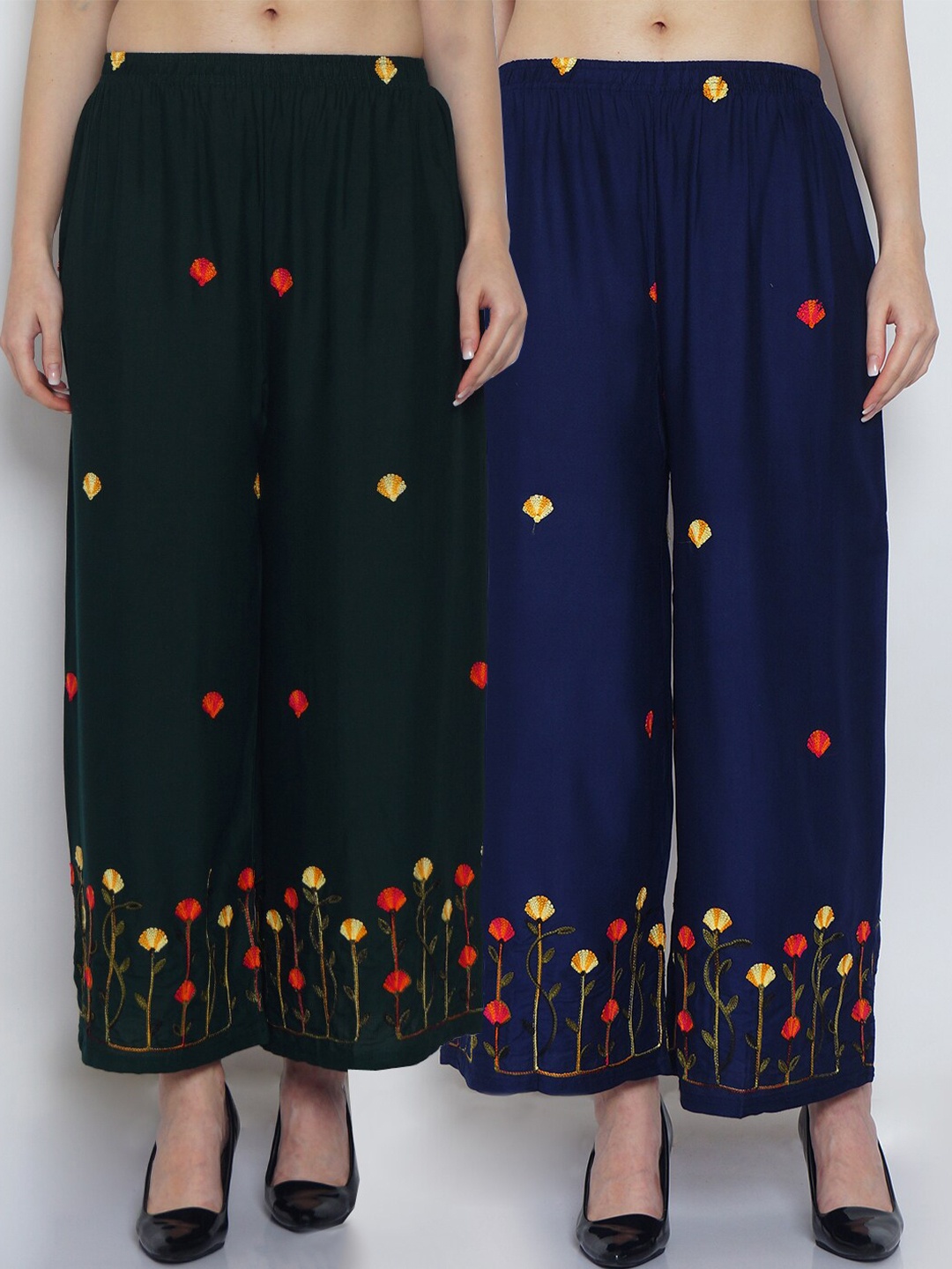 

GRACIT Women Green & Navy Blue Set of 2 Floral Embroidered Ethnic Palazzos