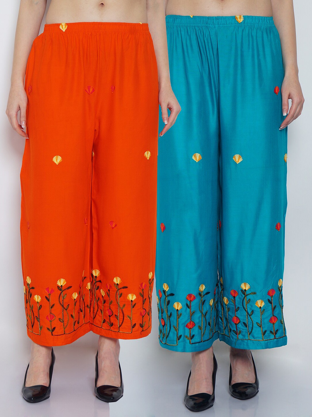 

GRACIT Women Orange & Turquoise Blue Floral Embroidered Palazzos Set Of 2