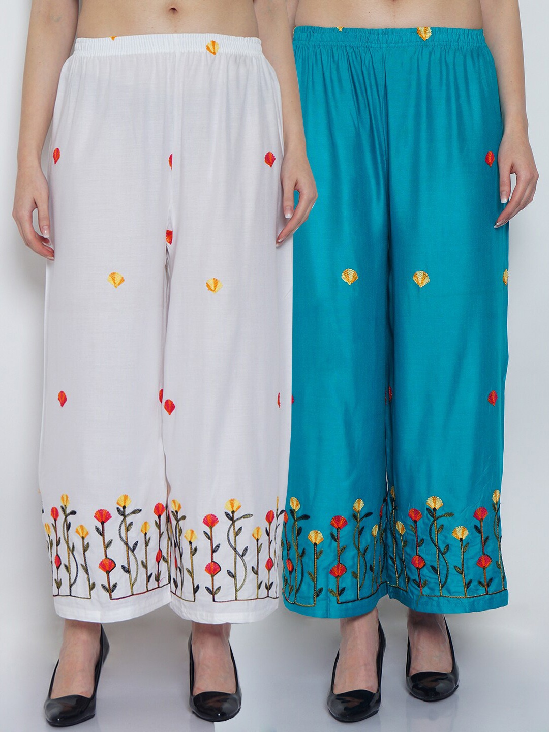 

GRACIT Women White & Blue 2 Embroidered Flared Knitted Palazzos