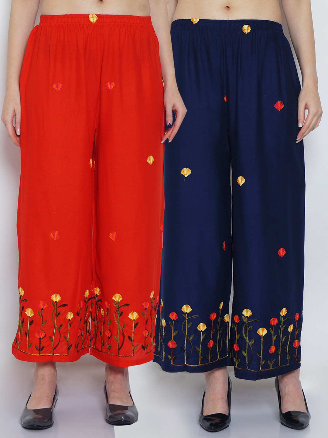 

GRACIT Women Red & Navy Blue Floral Embroidered Palazzos Set Of 2