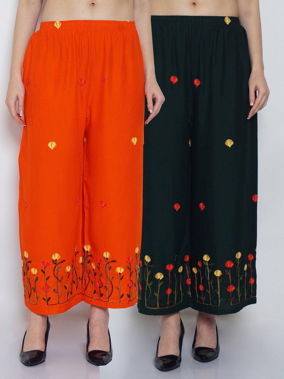 

GRACIT Women Orange & Black Set of 2 Floral Embroidered Palazzos