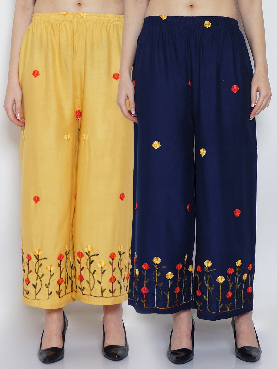 

GRACIT Women Beige & Blue 2 Floral Embroidered Flared Knitted Palazzos