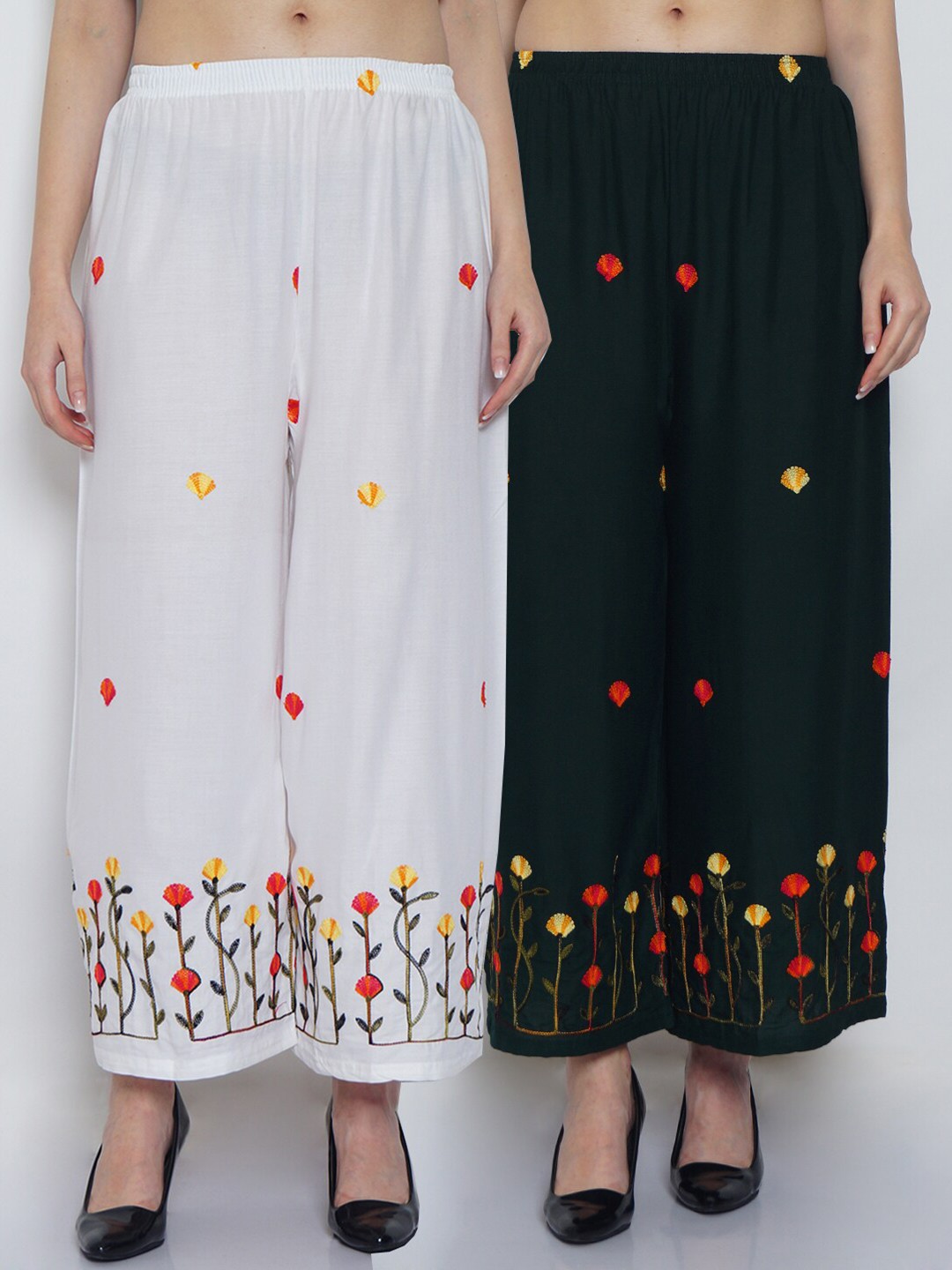 

GRACIT Women White & Bottle Green Floral Embroidered Palazzos Set Of 2