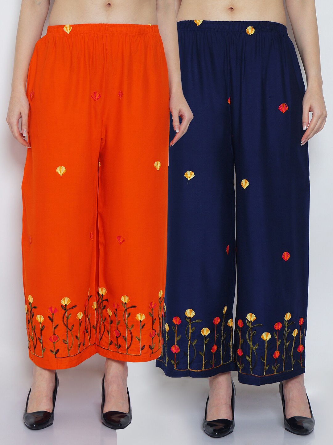 

GRACIT Women Orange & Navy Blue Set Of 2 Floral Embroidered Flared Palazzos