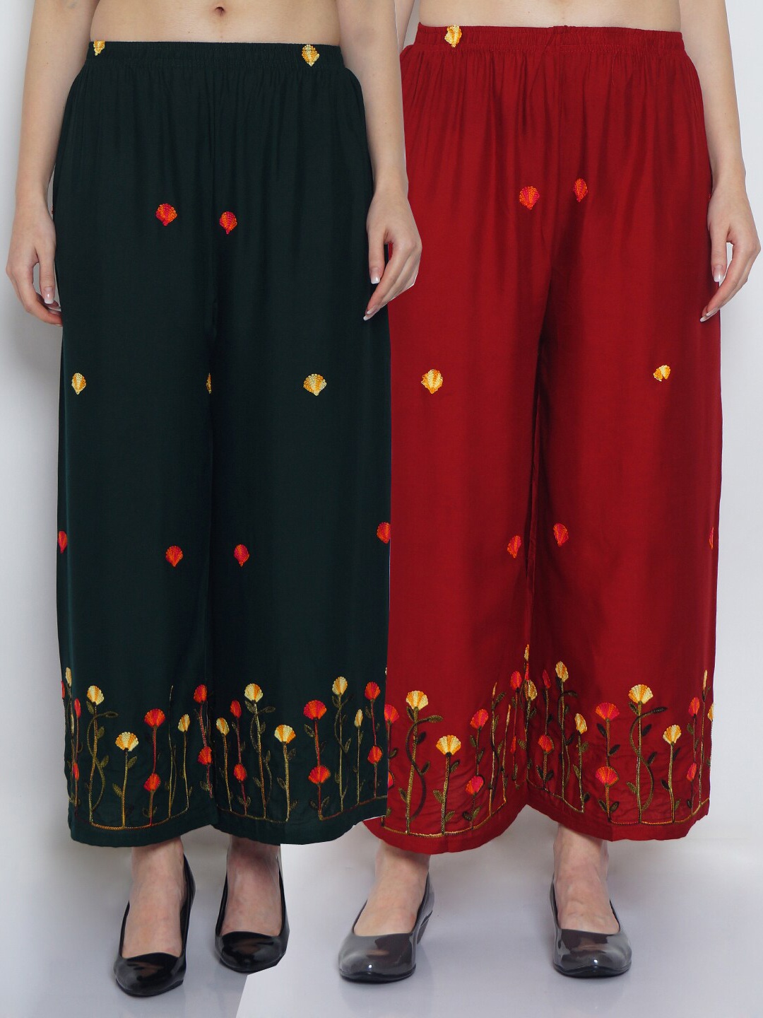 

GRACIT Women Bottle Green & Maroon Floral Embroidered Ethnic Palazzos Set Of 2