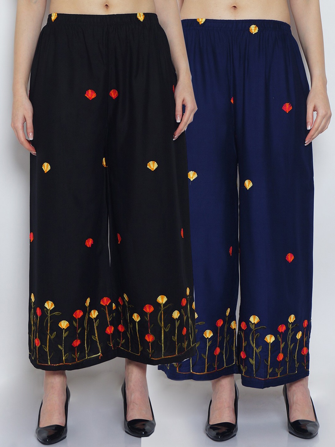 

GRACIT Women Black & Navy Blue Set Of 2 Floral Embroidered Straight Fit Palazzo