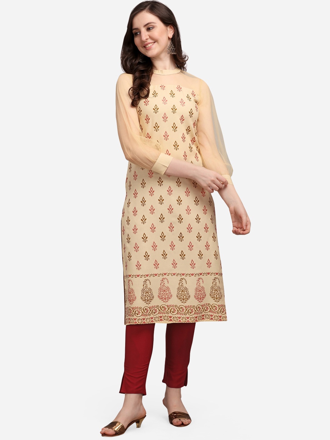 

KALINI Women Beige & Maroon Paisley Printed Kurta