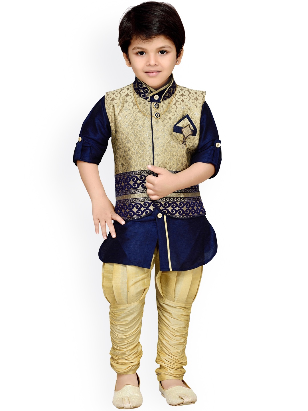 

Aj DEZInES Boys Navy Blue Gotta Patti Kurta & Churidar WIth Waistcoat