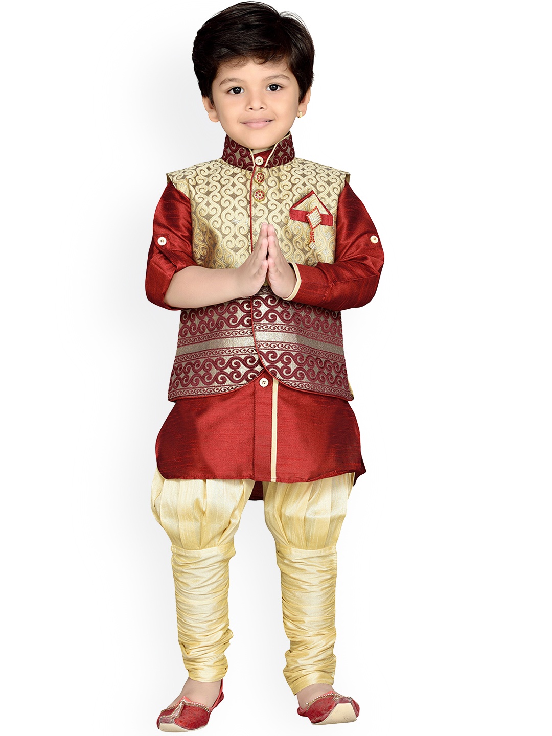 

Aj DEZInES Boys Maroon Embroidered Kurta with Pyjamas & Nehru Jacket