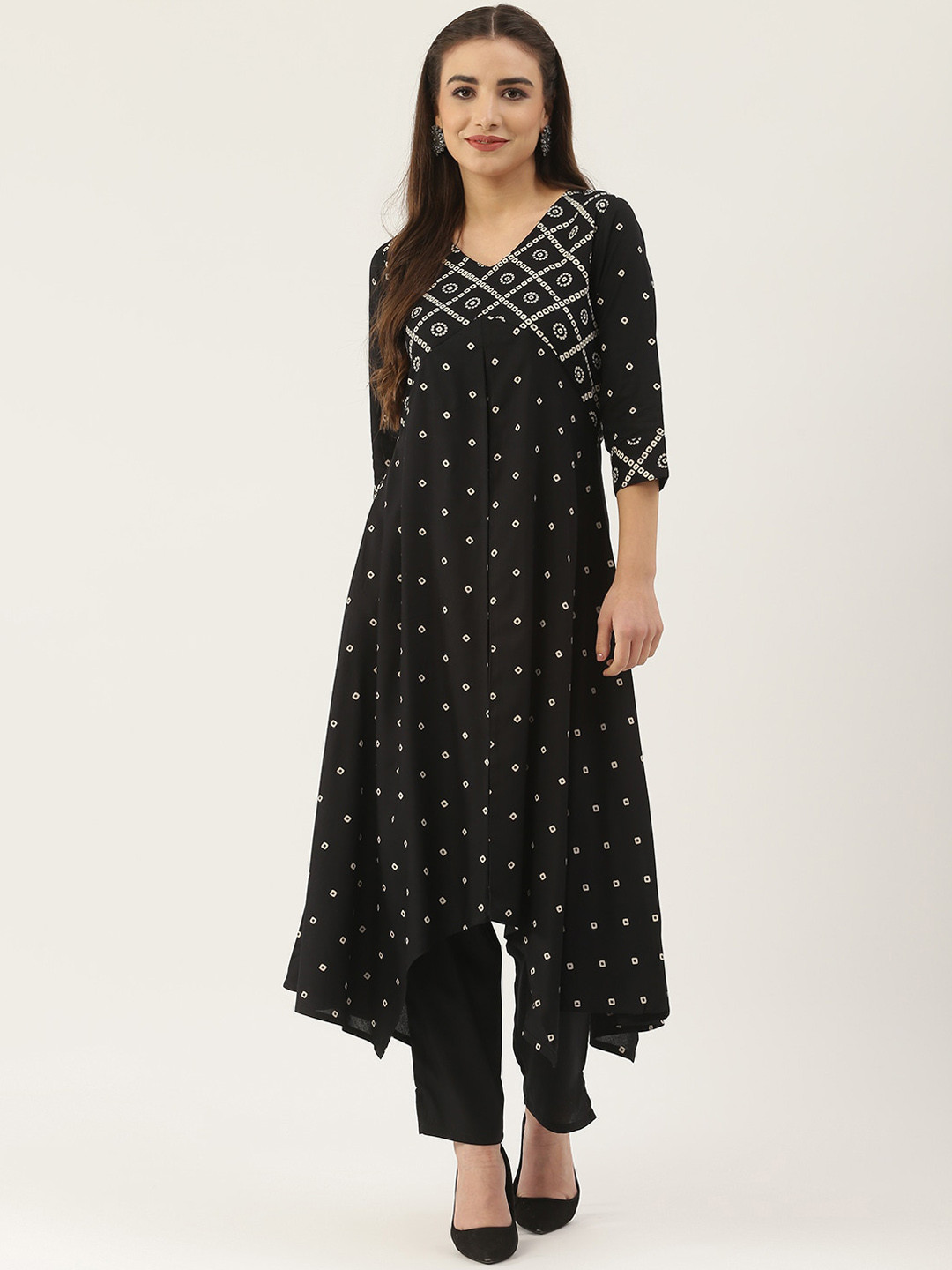 

Rustorange Women Black Bandhani Printed Kurti with Trousers