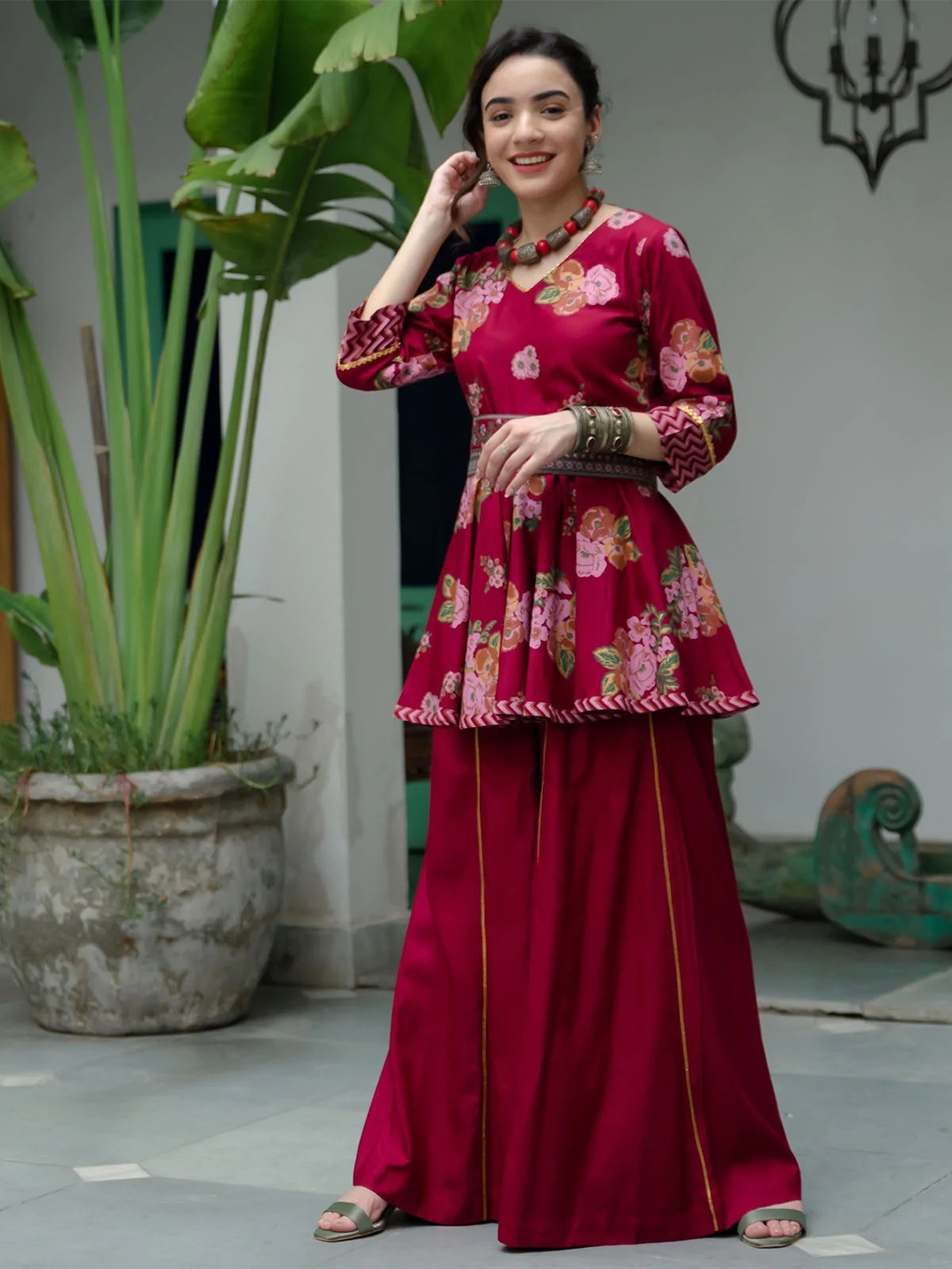 Rustorange Women Maroon Floral Printed Kurti with Sharara