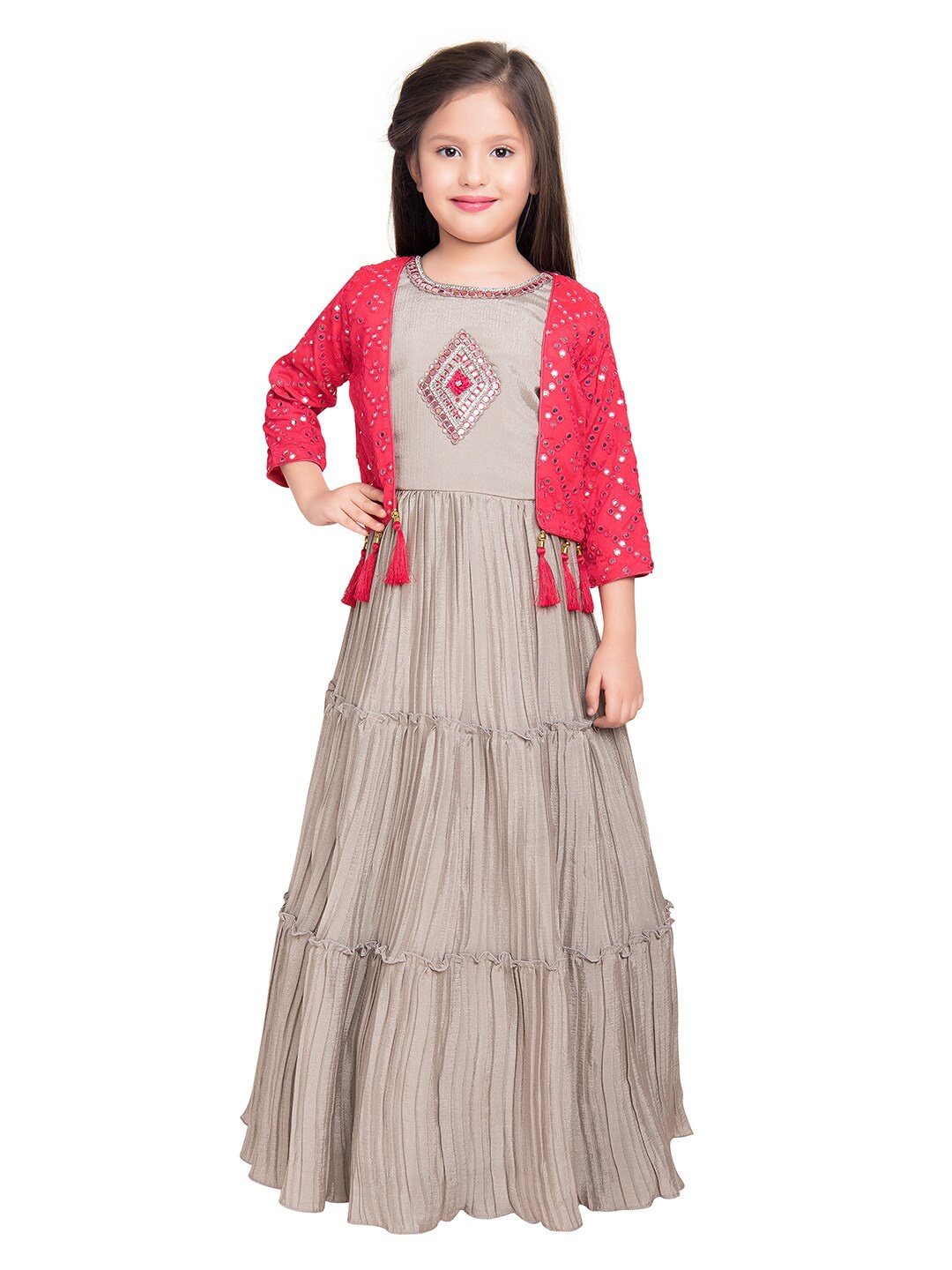 

BETTY Girls Grey & Red Embellished Georgette Ethnic Maxi Dress