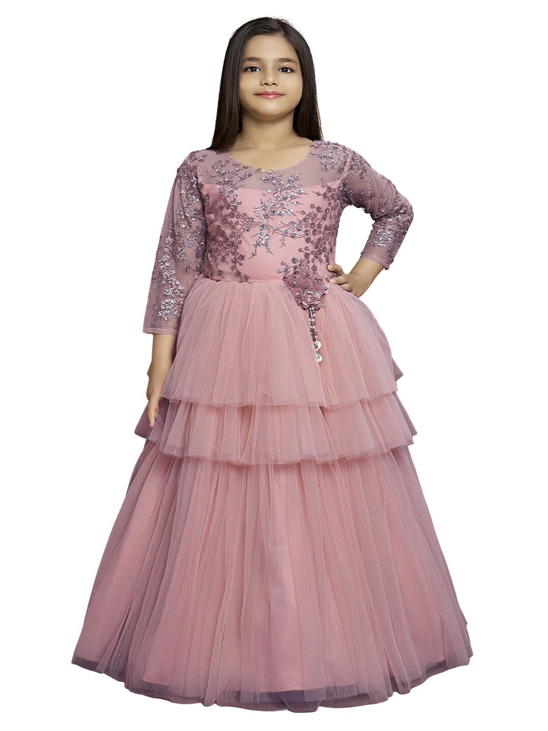 BETTY Coral Embellished Net Maxi Dress