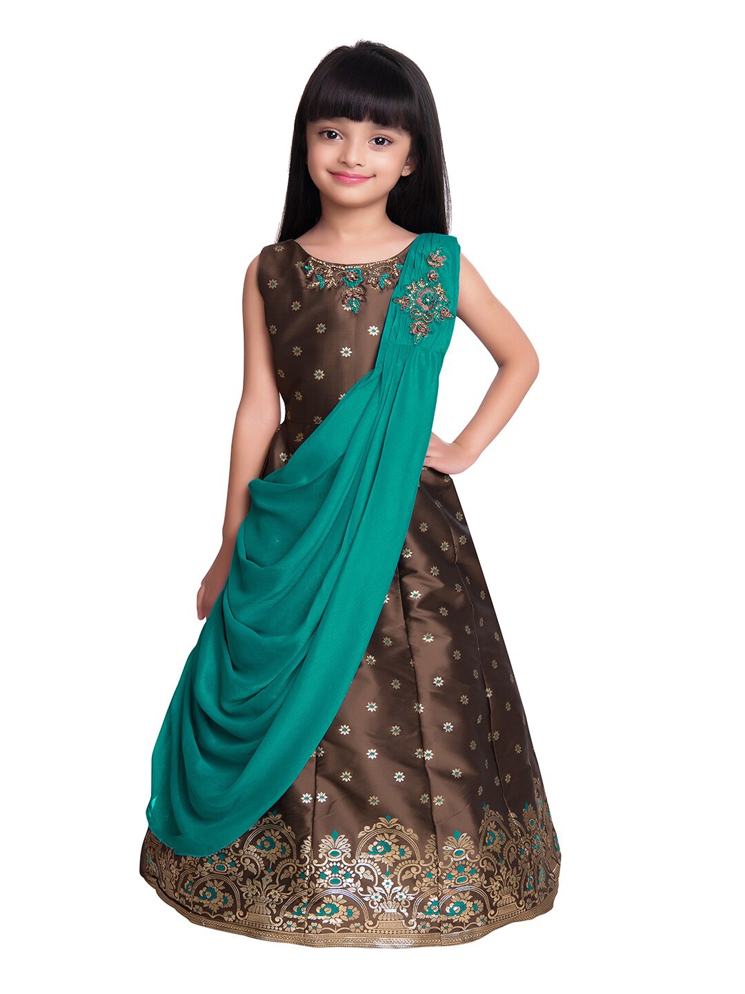 

BETTY Girls Green & Brown Floral Printed Georgette Ethnic Maxi Dress