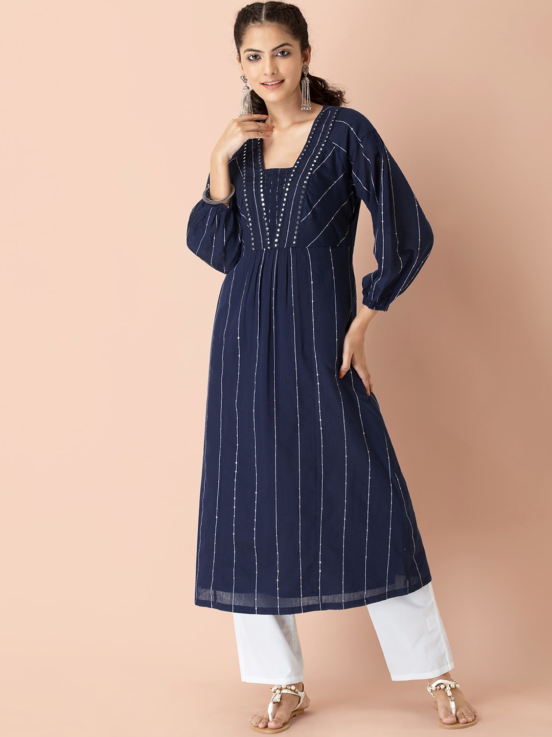 

Earthen BY INDYA Women Blue Puffed Sleeves Thread Work Anarkali Kurta