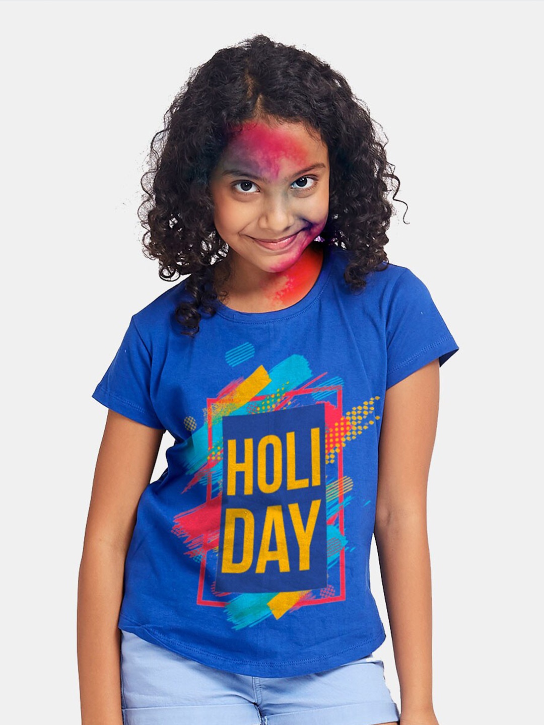 

BONKIDS Girls Blue Holi Day Holi Printed T-shirt