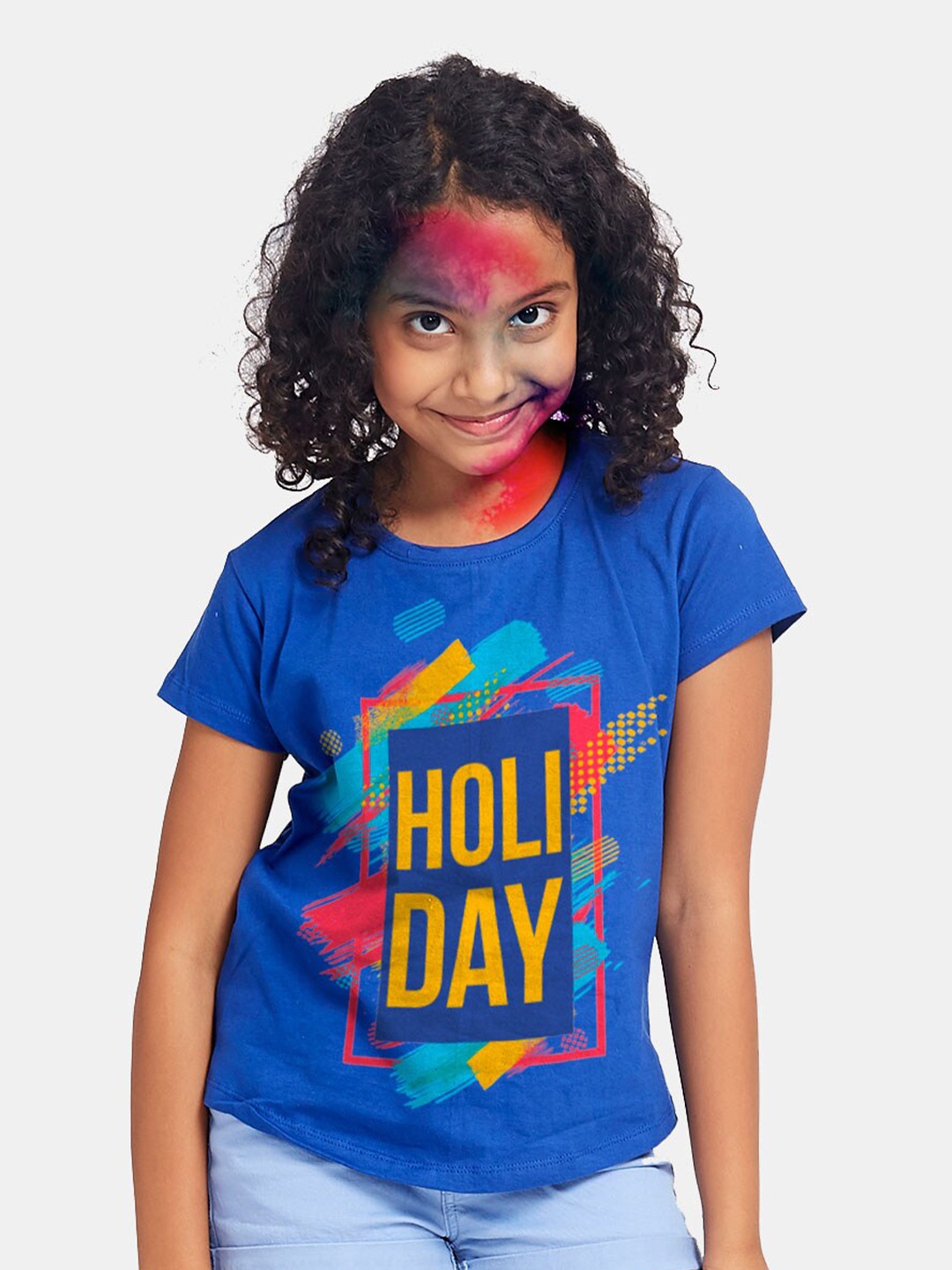 

BONKIDS Girls Blue Holi Day Holi Printed Cotton T-shirt