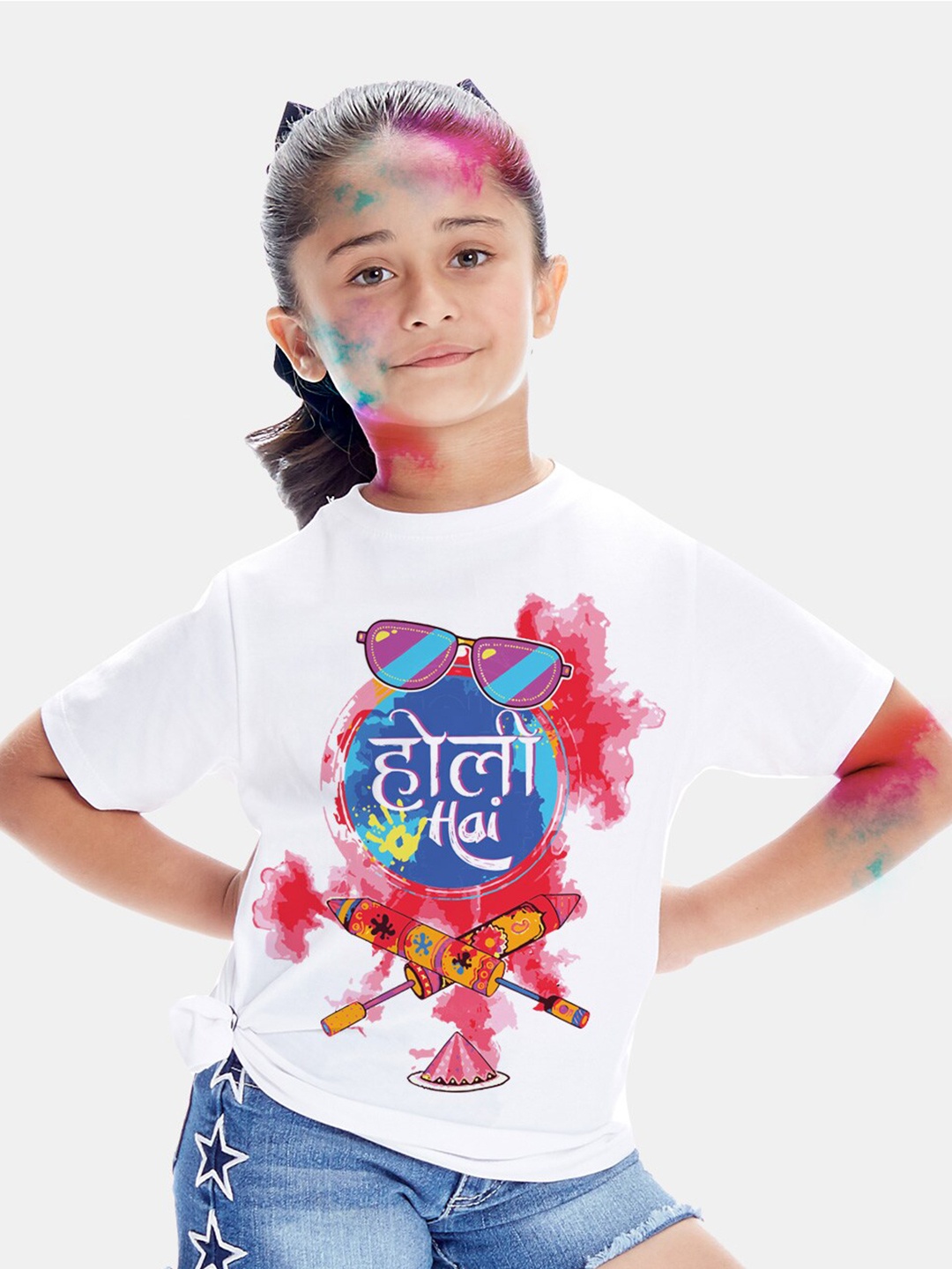 

BONKIDS Girls White Holi Hai Holi Printed Cotton T-shirt